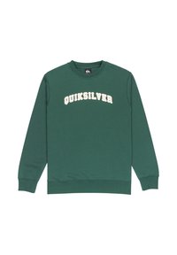 Zelená mikina vyrobená z bavlny, s okrúhlym výstrihom, dlhými rukávmi a bielym logom "QUIKSILVER" na hrudníku.