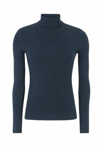 Navy blue ribbed turtleneck long-sleeve top with a fitted silhouette and high collar, made from a soft, stretchy fabric.