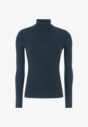 Tumši zilas ribotas augstās apkakles ilga piedurkne topiņa ar pieguļošu siluetu, izgatavota no mīkstas, stieptas auduma.