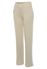 Beige sweatpants gemaakt van zachte, rekbare stof met een elastische tailleband, rechte pijpen en subtiele stikdetails aan de zijkant.