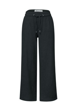 Pantaloni neri a gamba larga con vita elasticizzata e coulisse regolabile, realizzati in tessuto strutturato.