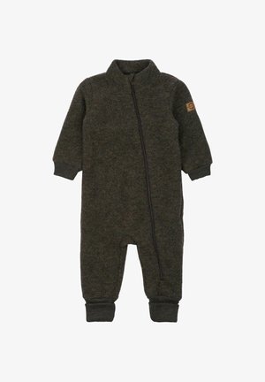 Tamsiai žalia vilnos romperis su pilnu priekiu užtrauktuku, riešų rankogalais ir aukštu apykakle. Kairėje peties pusėje yra maža logotipo dėmė.