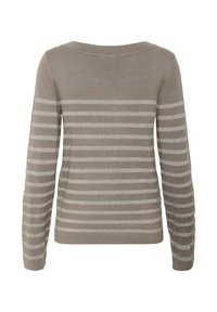 Maglione a maniche lunghe in taupe con strisce orizzontali argento. Il tessuto sembra morbido, con un ampio scollo e polsini e orlo a costine.