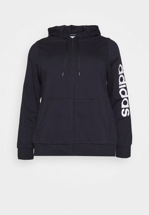 Sudadera con capucha negra con cremallera, bolsillos frontales, cordones ajustables y logo "adidas" impreso en blanco verticalmente en la manga derecha.