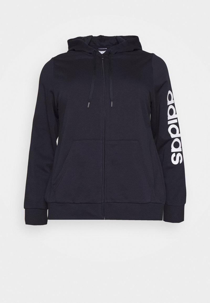 Sweat à capuche noir zippé avec poches avant, cordons de serrage ajustables et logo "adidas" imprimé en blanc verticalement sur la manche droite.