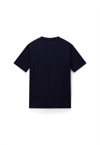 Tricou din bumbac de culoare bleu marin, cu mâneci scurte, decolteu rotund și tiv drept. Fără modele sau accente vizibile.