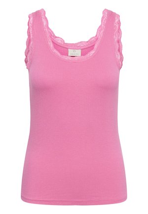 Rozā ribota bezmaku topa ar viļņotu mežģīņu apdari plašajām plecu siksnām un kakla izgriezumu, ar pieguļošu siluetu un gludu tekstūru.