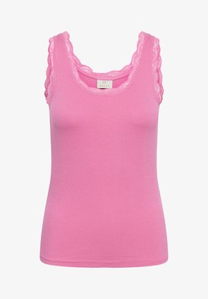 Rozā ribota bezmaku topa ar viļņotu mežģīņu apdari plašajām plecu siksnām un kakla izgriezumu, ar pieguļošu siluetu un gludu tekstūru.