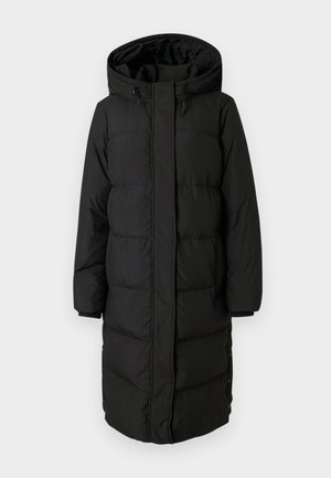 Svart dunjakke med hette, med kviltet design, hel glidelås foran og knapper på siden. Jevn tekstur, knelang silhuett.