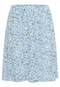 Blumiger Rock mit einem elastischen Bund. Hellblauer Hintergrund mit kleinen blauen und lila Blumenmustern zwischen grünen Blättern.