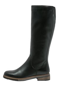 Bottes en cuir noires jusqu'au genou avec une finition lisse, un bout arrondi et un petit talon en bois. Présente des détails de couture sur le côté.