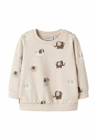 Sudadera beige claro con una textura suave, que presenta divertidos patrones de elefantes y perros en gris y marrón. Puños y dobladillo acanalados.