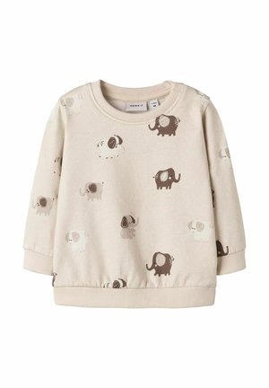 Hellbeige Sweatshirt mit weichem Material, das verspielte Muster von Elefanten und Hunden in Grau und Braun zeigt. Rippstrickbündchen und Saum.