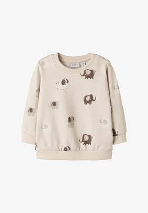 Hellbeige Sweatshirt mit weichem Material, das verspielte Muster von Elefanten und Hunden in Grau und Braun zeigt. Rippstrickbündchen und Saum.