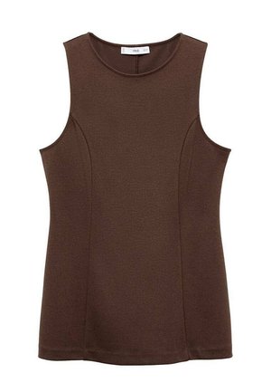 Top sans manches marron en tissu lisse avec un design ajusté, featuring des coutures latérales pour la silhouette et un col rond sans embellissements.