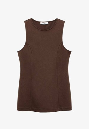 Top bej fără mâneci, dintr-un material neted, cu un design ajustat, având cusături laterale pentru conturare și un decolteu rotund fără ornamente.