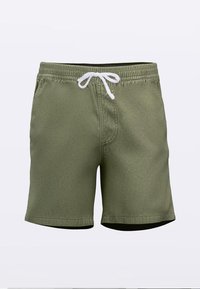 Pantalones cortos de color verde oliva claro con una cintura elástica, cordón blanco, bolsillos laterales y una textura suave de algodón.