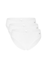 Drei Paar weiße Slips aus glattem Stoff. Sie haben ein einfaches Design ohne sichtbare Muster und mit minimaler Markenkennzeichnung am Bund.