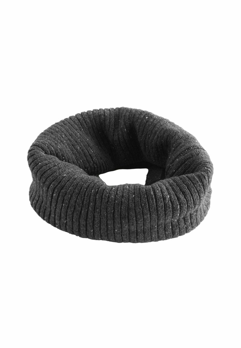 Fular din lână de culoare gri închis, tricotat în formă de buclă, cu o textură ribbed, având pete fine, conceput pentru confort și stil în vreme rece.
