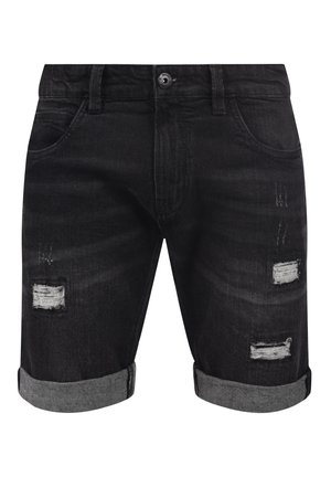 Schwarze Denim-Shorts mit aufgekrempelten Säumen und abgenutzten Stellen an den vorderen Oberschenkeln, mit Gürtelschlaufen und Vordertaschen.