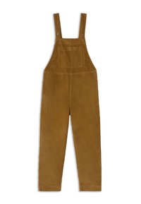 Pantalones de pana marrones con tirantes ajustables y un bolsillo en el pecho, exhibidos en plano sobre un fondo blanco.