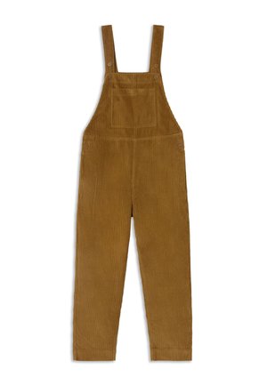Braune Corduroy-Latzhose mit verstellbaren Schulterträgern und einer vorderen Brusttasche, flach auf einem weißen Hintergrund präsentiert.