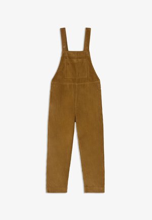 Hnedé kordové overaly s nastaviteľnými ramennými popruhmi a prednou vreckou na hrudi, vystavené na bielom pozadí.