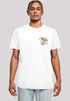 White cotton t-shirt featuring a colorful cartoon character design on the left chest. Short sleeves, crew neck, relaxed fit.