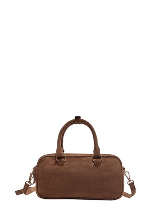Braune Wildleder-Handtasche mit zwei runden Griffen, abnehmbarem Schultergurt und rechteckiger Form; mit goldfarbigen Hardwareakzenten.