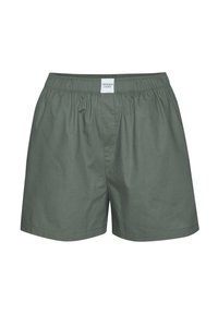 Vihreät puuvillashortsit, joissa on joustava vyötärö ja yksinkertainen muotoilu. Shortseissa ei ole taskuja, ne ovat sileäpintaiset, ja etuosassa on logotagi.