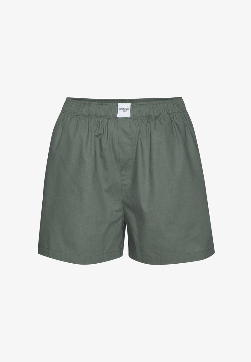 Vihreät puuvillashortsit, joissa on joustava vyötärö ja yksinkertainen muotoilu. Shortseissa ei ole taskuja, ne ovat sileäpintaiset, ja etuosassa on logotagi.