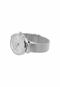 Silbernes Mesh-Armband-Uhr mit einem runden silbernen Gehäuse. Das weiße strukturierte Ziffernblatt verfügt über silberne Stundenmarkierungen und eine Datumsanzeige auf 3 Uhr.