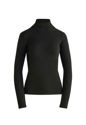 Fekete, hosszú ujjú garbó felső, formához simuló sziluettel. Simább, rugalmas anyagból készült, látható minták vagy díszítések nélkül.