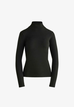 Crni džemper s dugim rukavima i visokim ovratnikom, s uskim krojem. Izrađen od glatkog, rastezljivog materijala bez vidljivih uzoraka ili ukrasa.