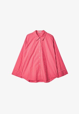 Rood gestreept shirt met een kraag, knoopsluiting, losse pasvorm en lange mouwen met een brede manchet en contrasterende witte strepen.