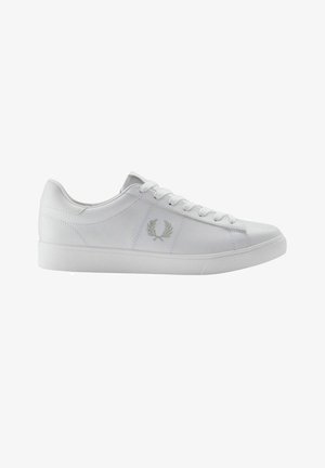 White leather sneakers with a smooth surface, round toe, and flat rubber sole. Features silver embroidered logo and traditional lace-up closure.