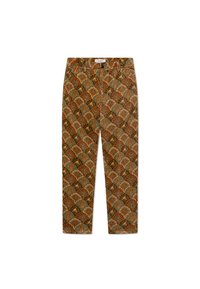 Mønstret corduroy-bukser med et flerfarget diamantdesign i jordnære toner av brunt, grønt og oransje. Rett ben-kutt.