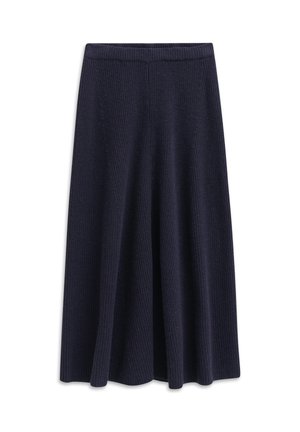 Dark navy blue knitted A-line midi skirt with a ribbed waistband and textured vertical patterns.