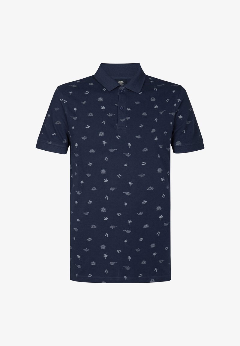 Námořnická modrá polo košile vyrobená z bavlny, s potiskem malých bílých ikon, jako jsou slunce, palmy a žabky. Tři knoflíky na zapínání.