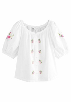 Weiße Baumwollbluse mit Puffärmeln, die auf der Vorderseite und den Ärmeln mit kleinen floralen Stickereien in Rosa und Grün verziert ist, mit Knopfverschluss.