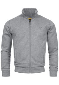 Grauer Zip-Hoodie aus weichem Baumwollstoff. Mit hohem Kragen, langen Ärmeln und Seitentaschen. Schlichtes, funktionales Design.