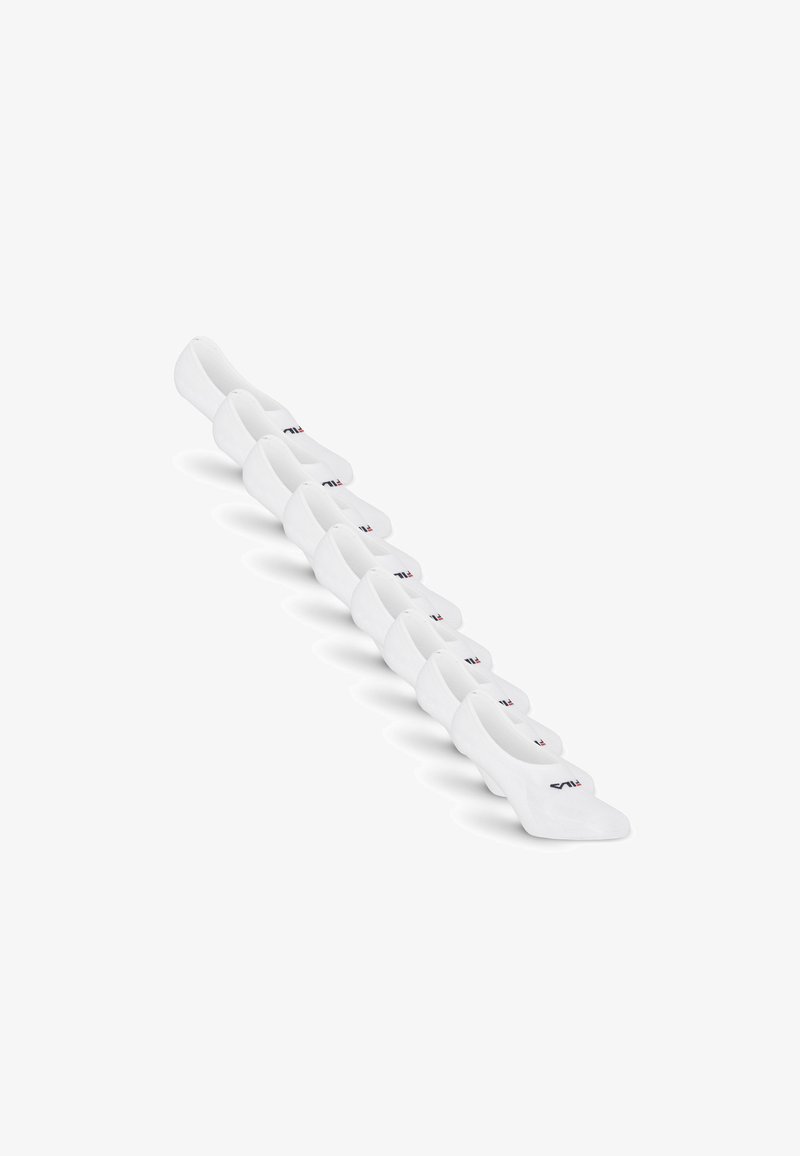Neuf paires de chaussettes blanches basses avec un logo en haut, alignées en diagonale sur un fond blanc.