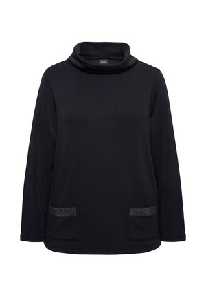 Sort top med cowl-neck lavet af blødt stof. Har lange ærmer, to frontlommer med udsmykninger og en afslappet silhuet.