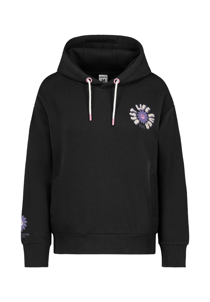 Black hoodie with a front pocket, adjustable white drawstrings with pink tips, and embroidered “BEST LIFE EVER” text with a flower design.