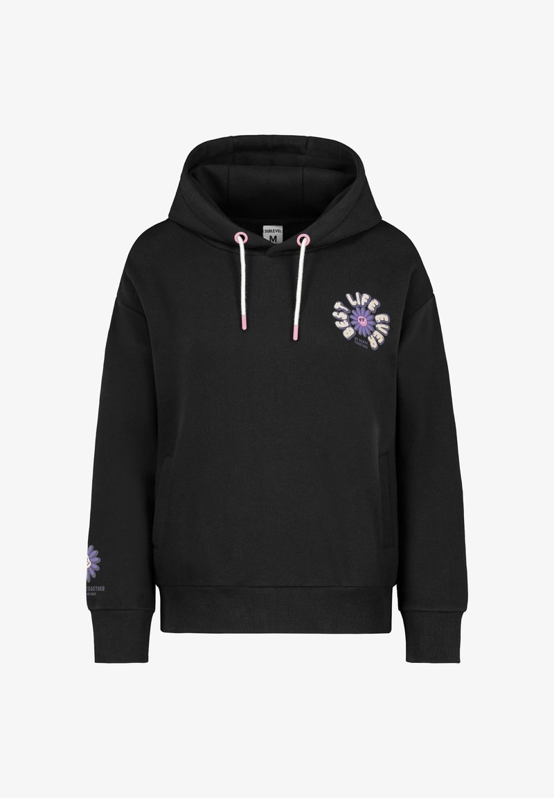 Black hoodie with a front pocket, adjustable white drawstrings with pink tips, and embroidered “BEST LIFE EVER” text with a flower design.