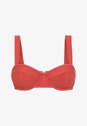 Korálový bikiny vršek se strukturovaným designem, podšitými košíčky, širokými strukturovanými ramínky a vodorovným švem vpředu.