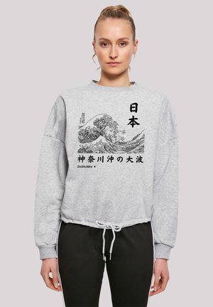 Grauer Sweatshirt mit einem schwarzen Wellenmotiv und japanischem Text, lockere Passform, gerippte Bündchen und Kordelzugsaum.