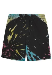 Shorts de bain noirs avec un motif tie-dye aux éclaboussures de bleu sarcelle, jaune et rose. Taille élastique avec fermeture à cordon.