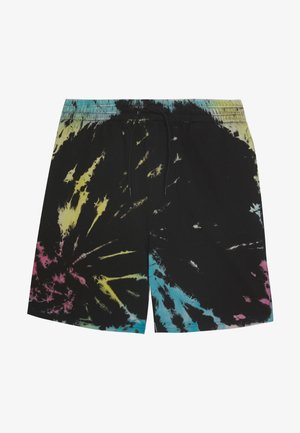 Shorts de bain noirs avec un motif tie-dye aux éclaboussures de bleu sarcelle, jaune et rose. Taille élastique avec fermeture à cordon.