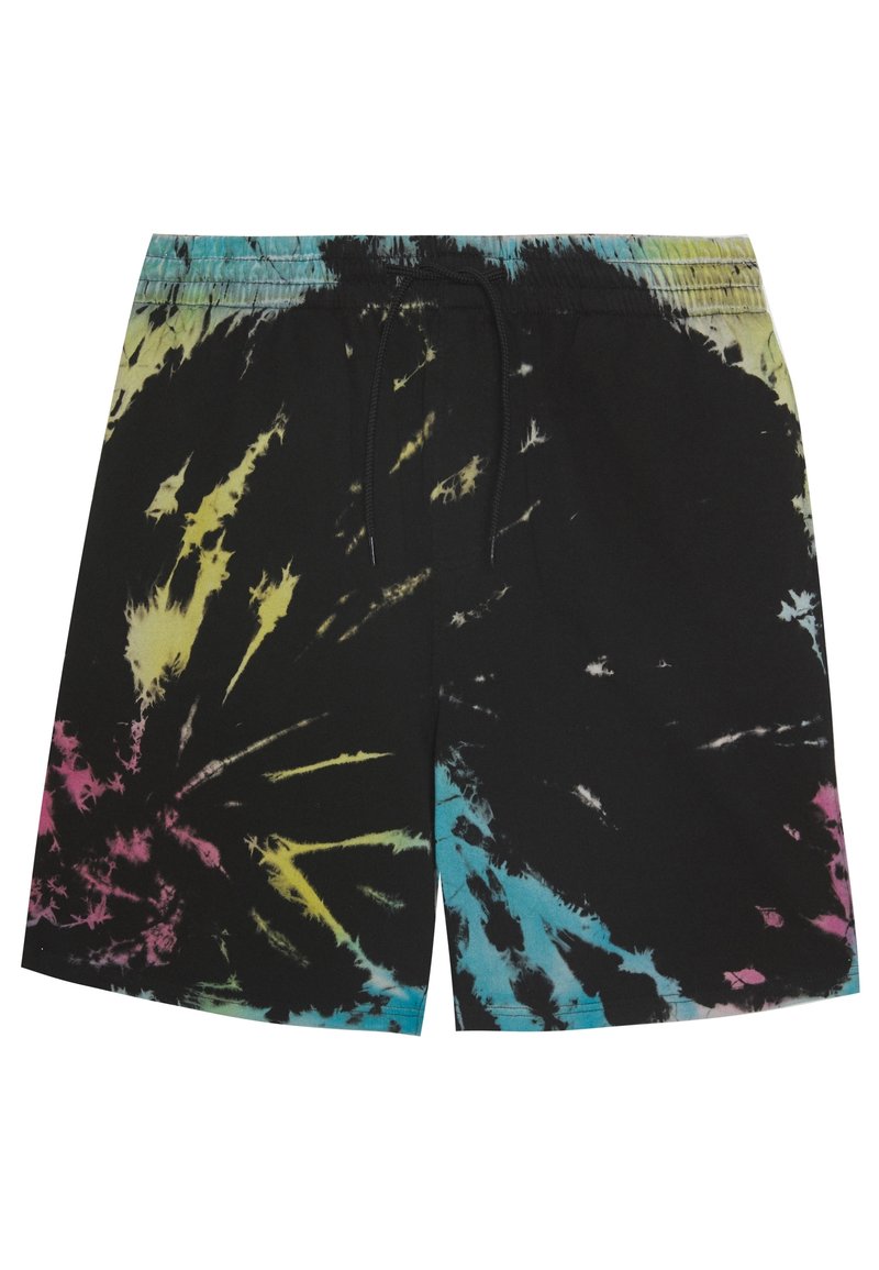 Shorts de bain noirs avec un motif tie-dye aux éclaboussures de bleu sarcelle, jaune et rose. Taille élastique avec fermeture à cordon.
